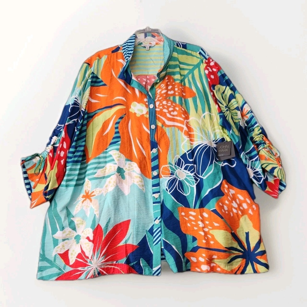 John Mark Womens 3X Colorful Tropical‎ Tunic Top Boho Art To Wear Festival NWT